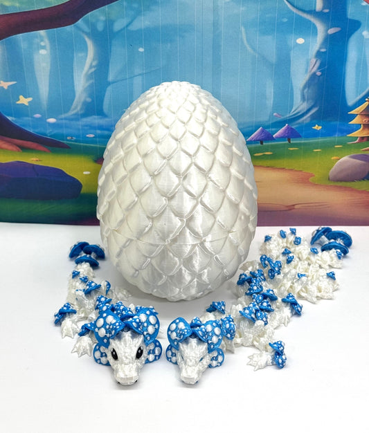3D Printed Dragons with Dragon Egg, Articulated Mother and Child Dragons, White and Blue Mushroom Dragons, Fidget ADHD Autism Toy MCD-046-006-WB