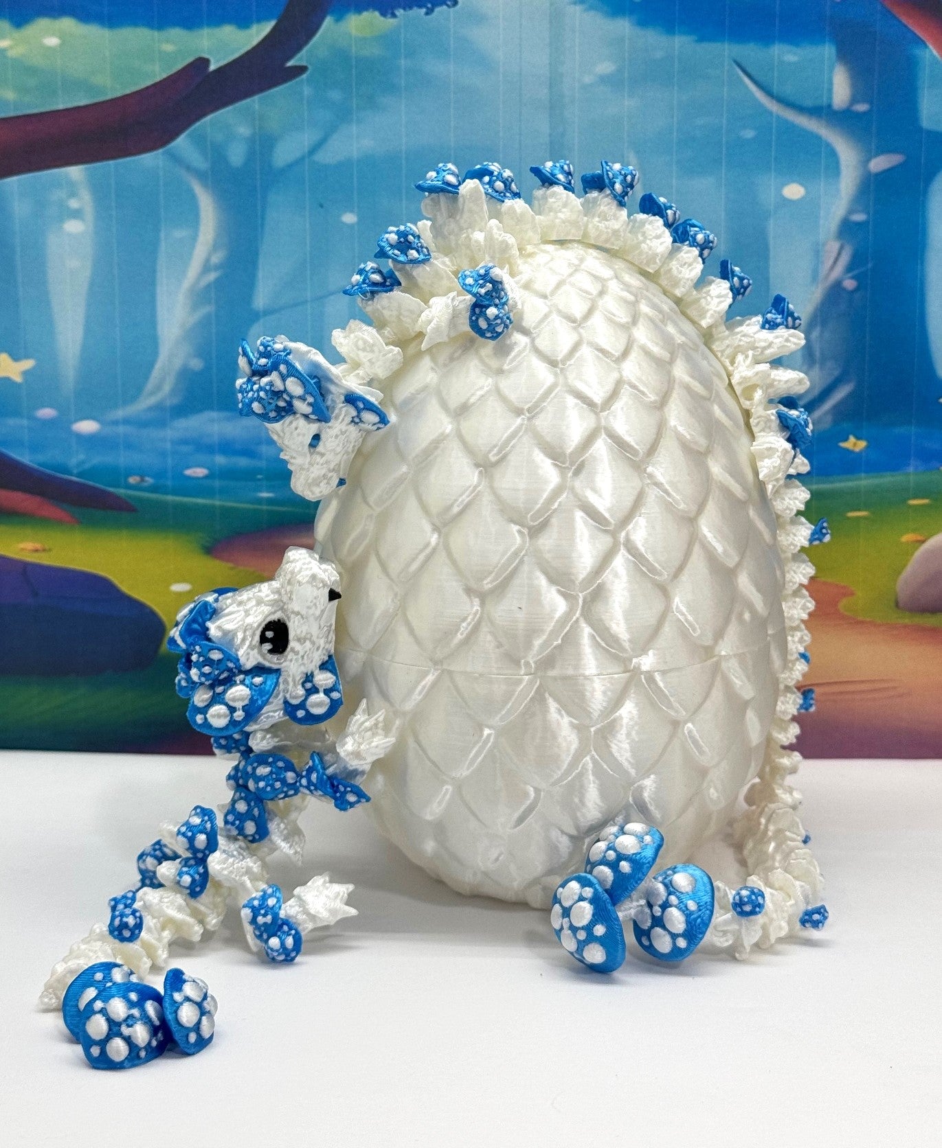 3D Printed Dragons with Dragon Egg, Articulated Mother and Child Dragons, White and Blue Mushroom Dragons, Fidget ADHD Autism Toy MCD-046-006-WB