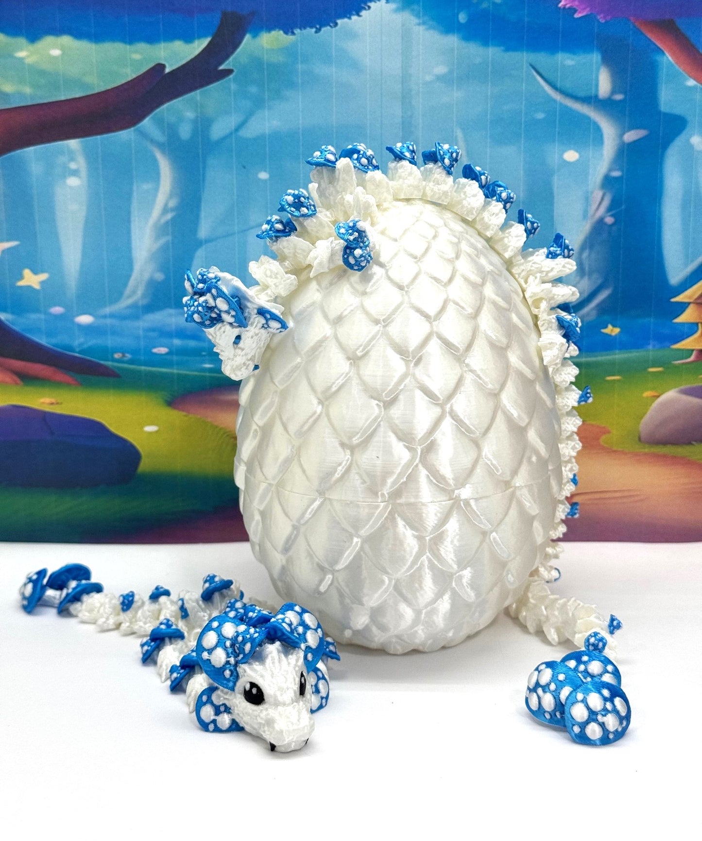 3D Printed Dragons with Dragon Egg, Articulated Mother and Child Dragons, White and Blue Mushroom Dragons, Fidget ADHD Autism Toy MCD-046-006-WB