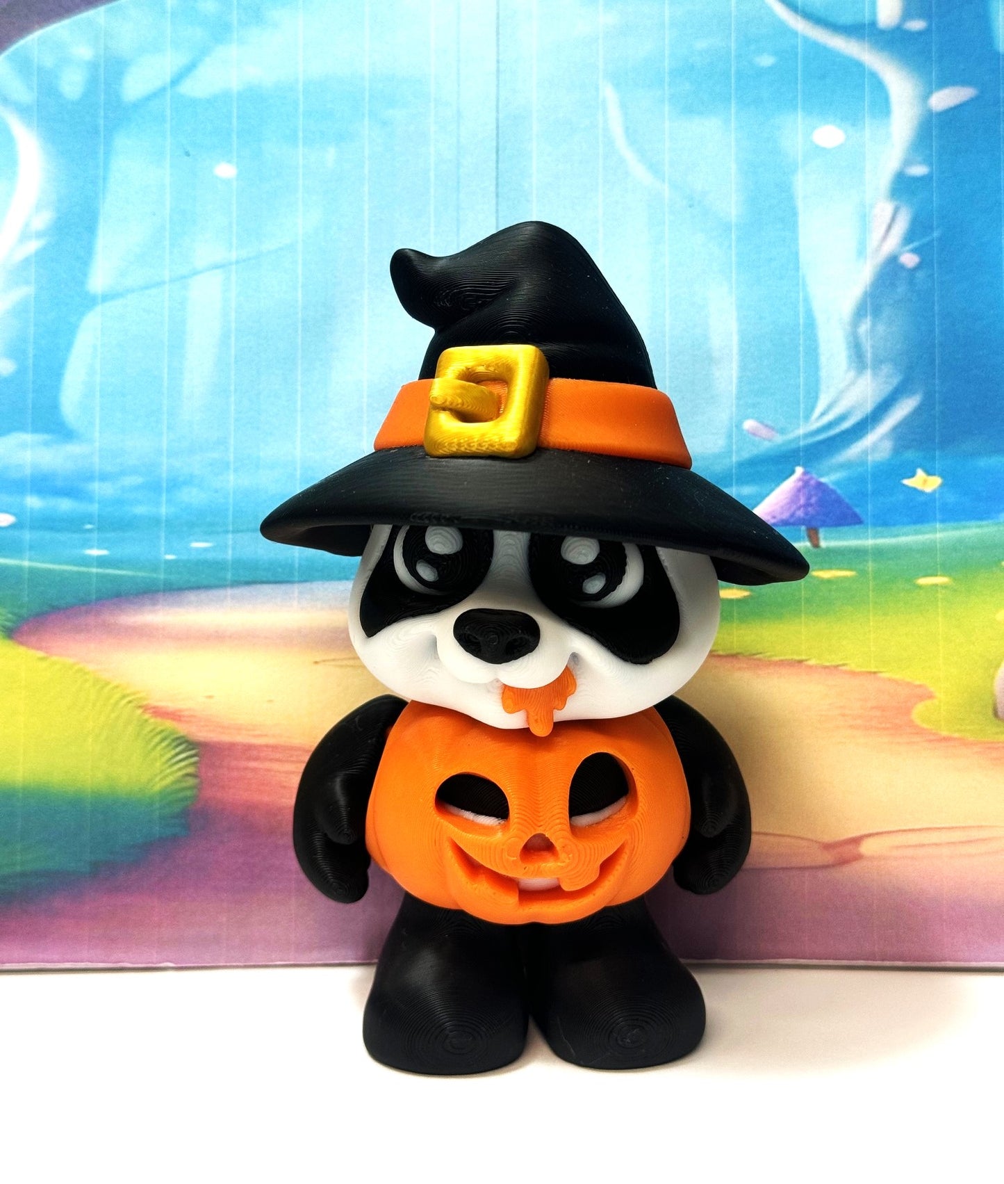 Pumpkin Panda – 3D Printed Articulated Panda – 4" Halloween Witch Hat Panda Figurine - Fall Holiday Decoration