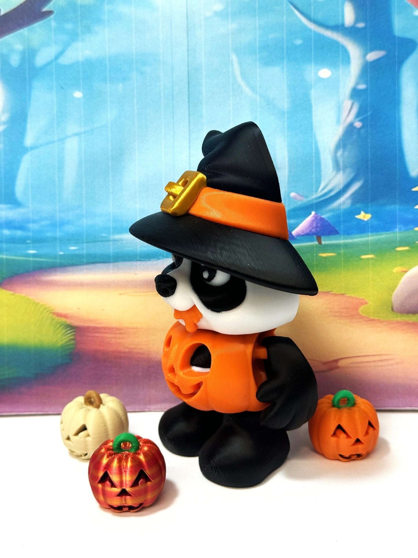 Pumpkin Panda – 3D Printed Articulated Panda – 4" Halloween Witch Hat Panda Figurine - Fall Holiday Decoration