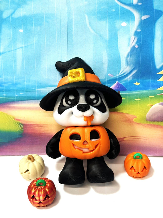 Pumpkin Panda – 3D Printed Articulated Panda – 4" Halloween Witch Hat Panda Figurine - Fall Holiday Decoration