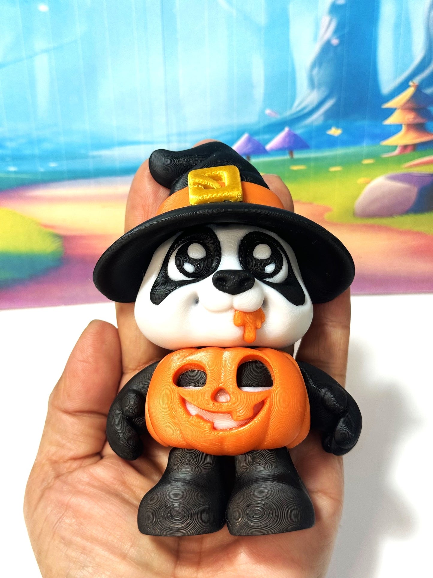 Pumpkin Panda – 3D Printed Articulated Panda – 4" Halloween Witch Hat Panda Figurine - Fall Holiday Decoration