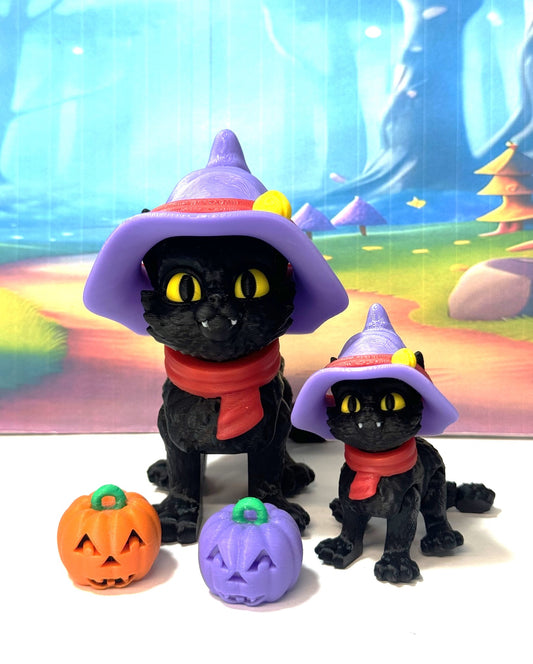 2pcs Cat in the Hat – 3D Printed Articulated Cat – Spooky Halloween Cat Witch Hat Figurine - Fall Holiday Decoration