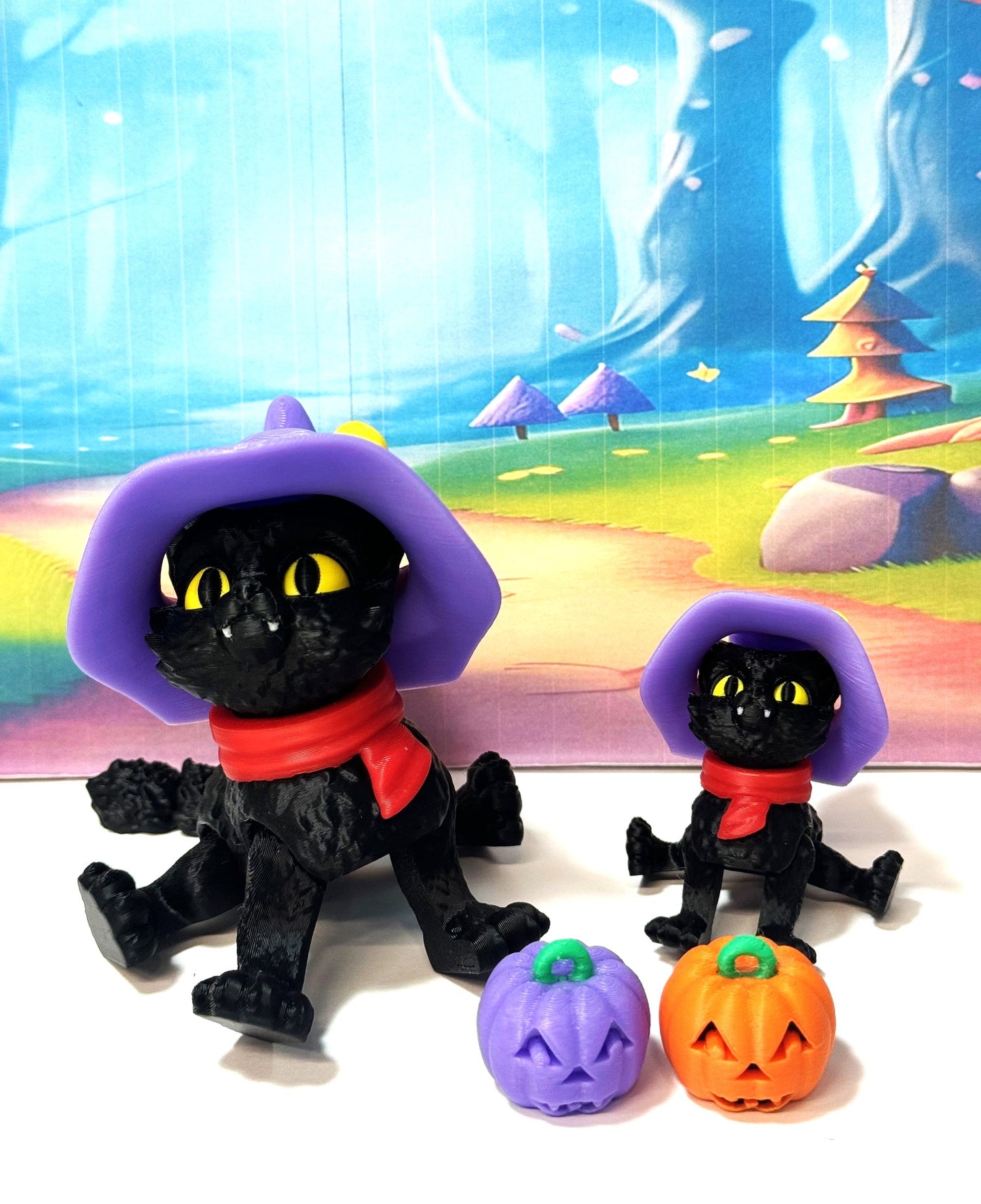 2pcs Cat in the Hat – 3D Printed Articulated Cat – Spooky Halloween Cat Witch Hat Figurine - Fall Holiday Decoration