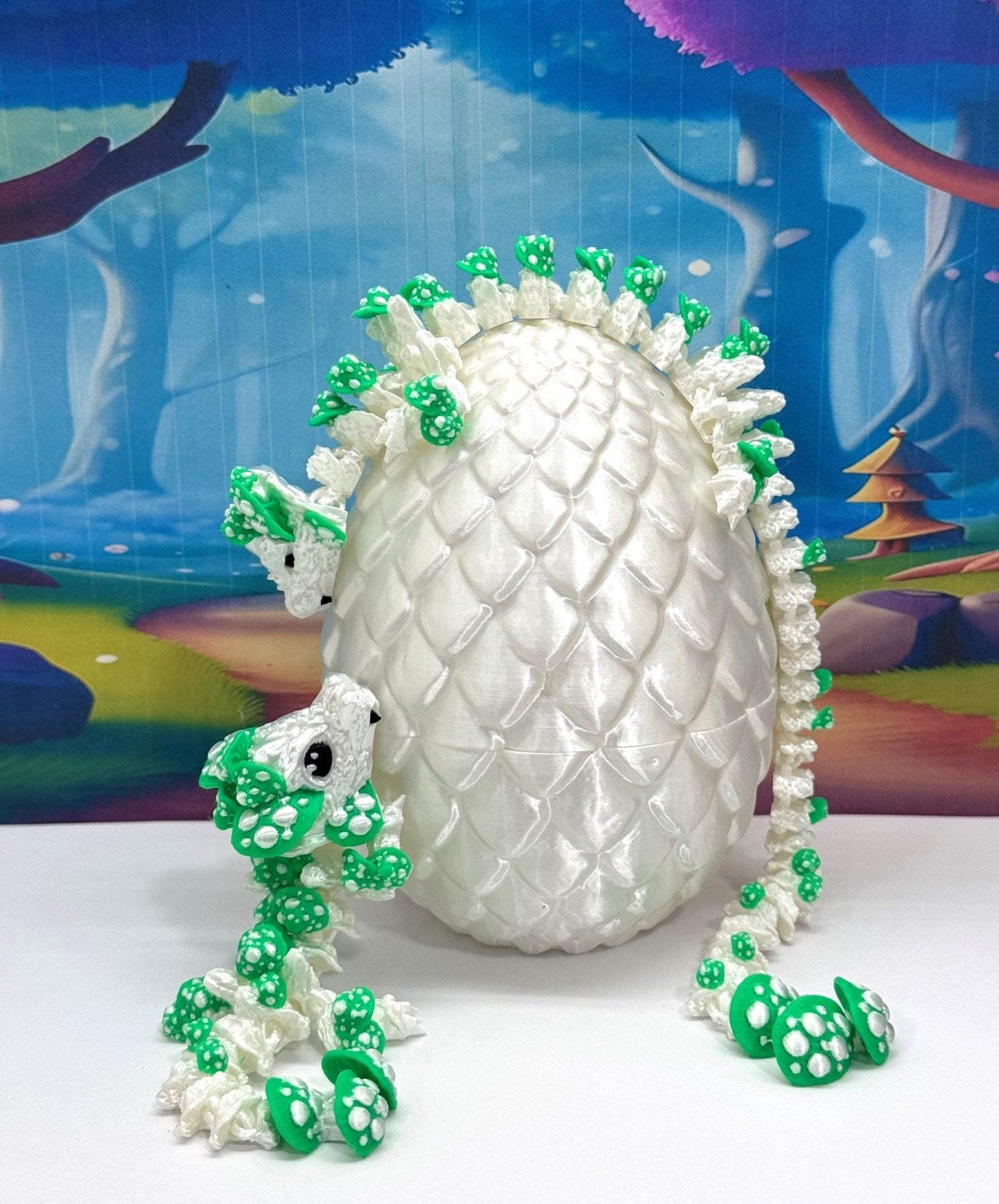3D Printed Dragons with Dragon Egg, Articulated Mother and Child Dragons, White and Green Mushroom Dragons, Fidget ADHD Autism Toy MCD-046-006-WG