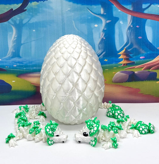 3D Printed Dragons with Dragon Egg, Articulated Mother and Child Dragons, White and Green Mushroom Dragons, Fidget ADHD Autism Toy MCD-046-006-WG