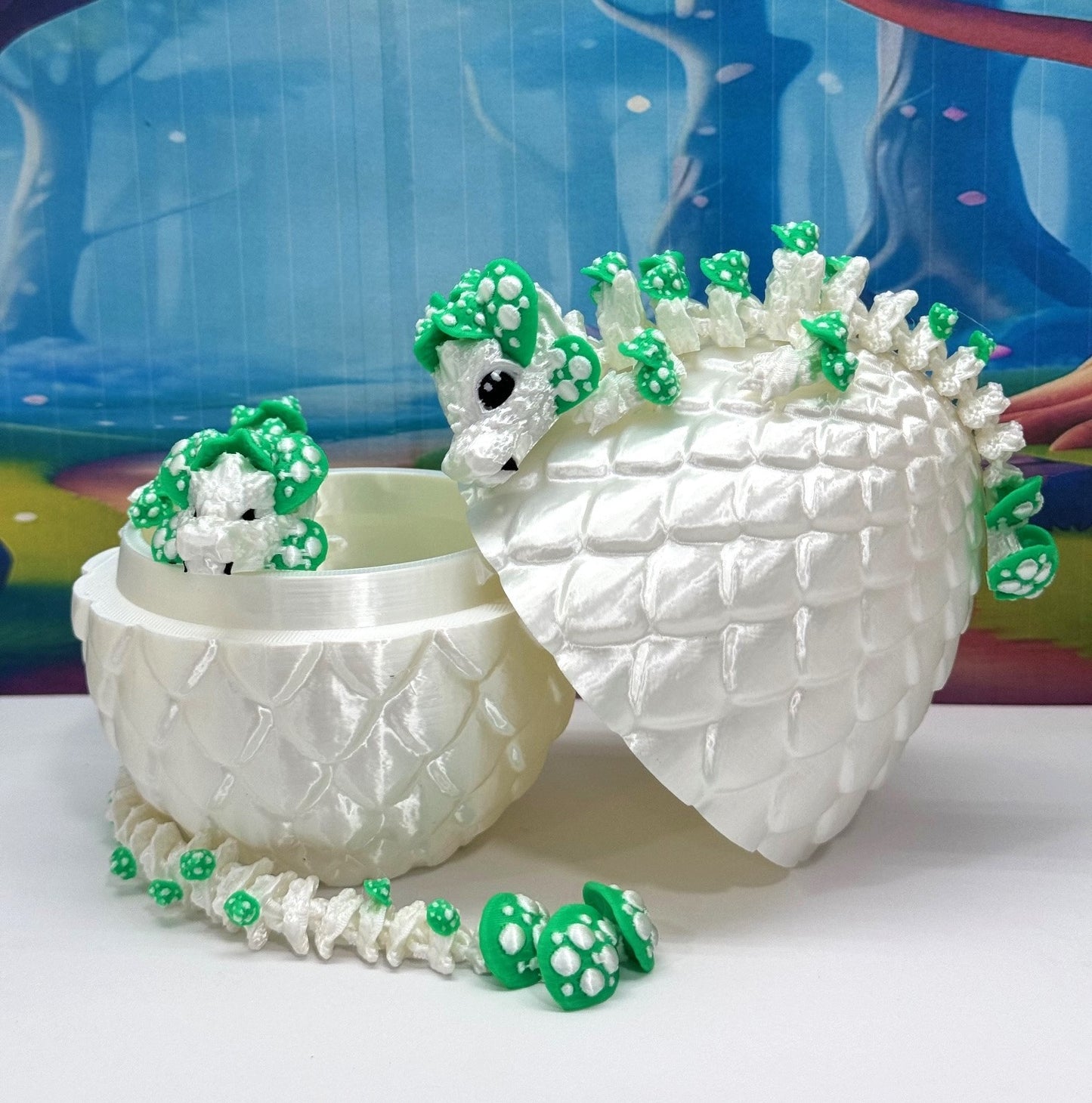 3D Printed Dragons with Dragon Egg, Articulated Mother and Child Dragons, White and Green Mushroom Dragons, Fidget ADHD Autism Toy MCD-046-006-WG