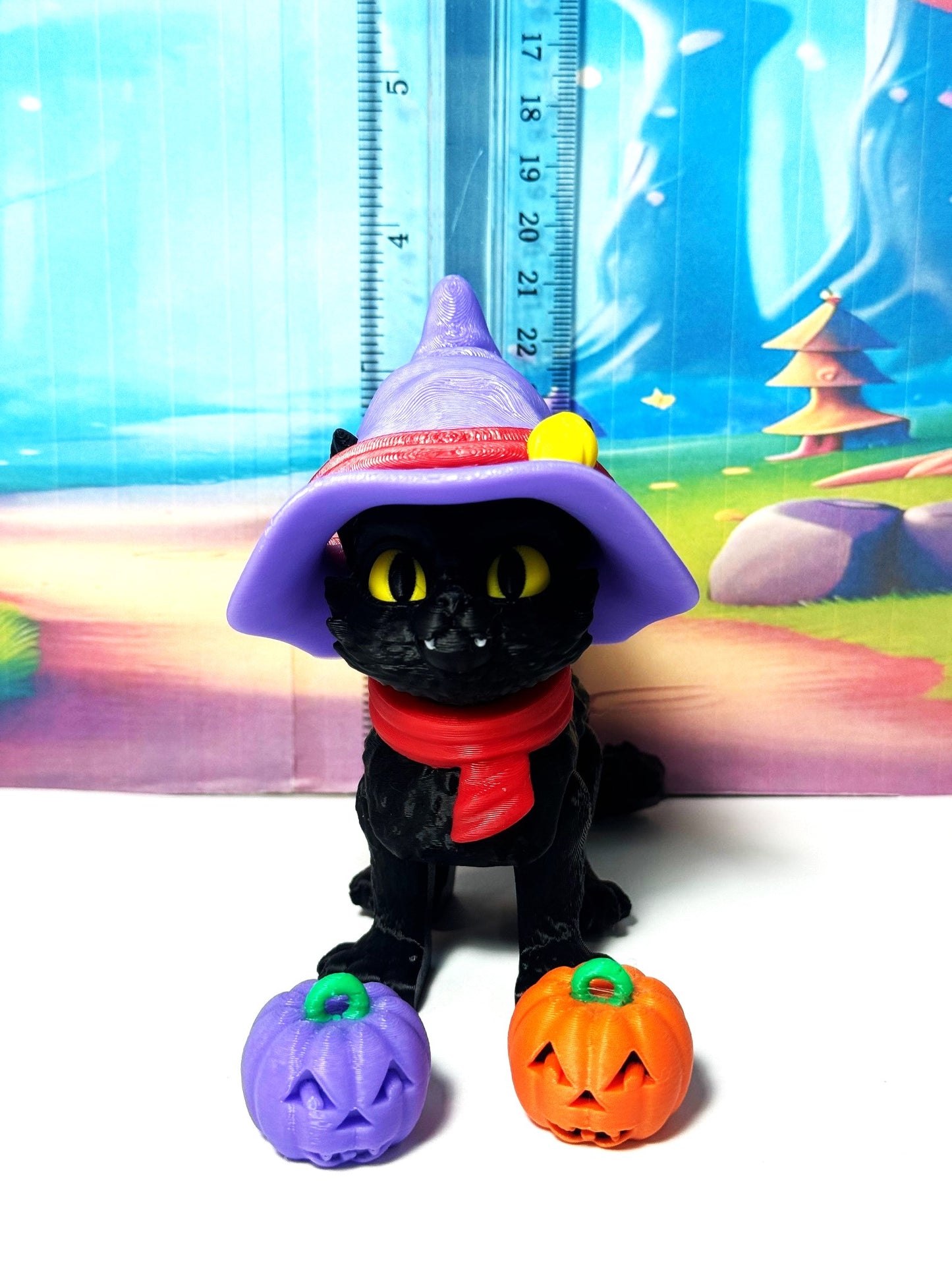 Cat in the Hat – 3D Printed Articulated Cat – 3" Spooky Halloween Cat Witch Hat Figurine - Fall Holiday Decoration