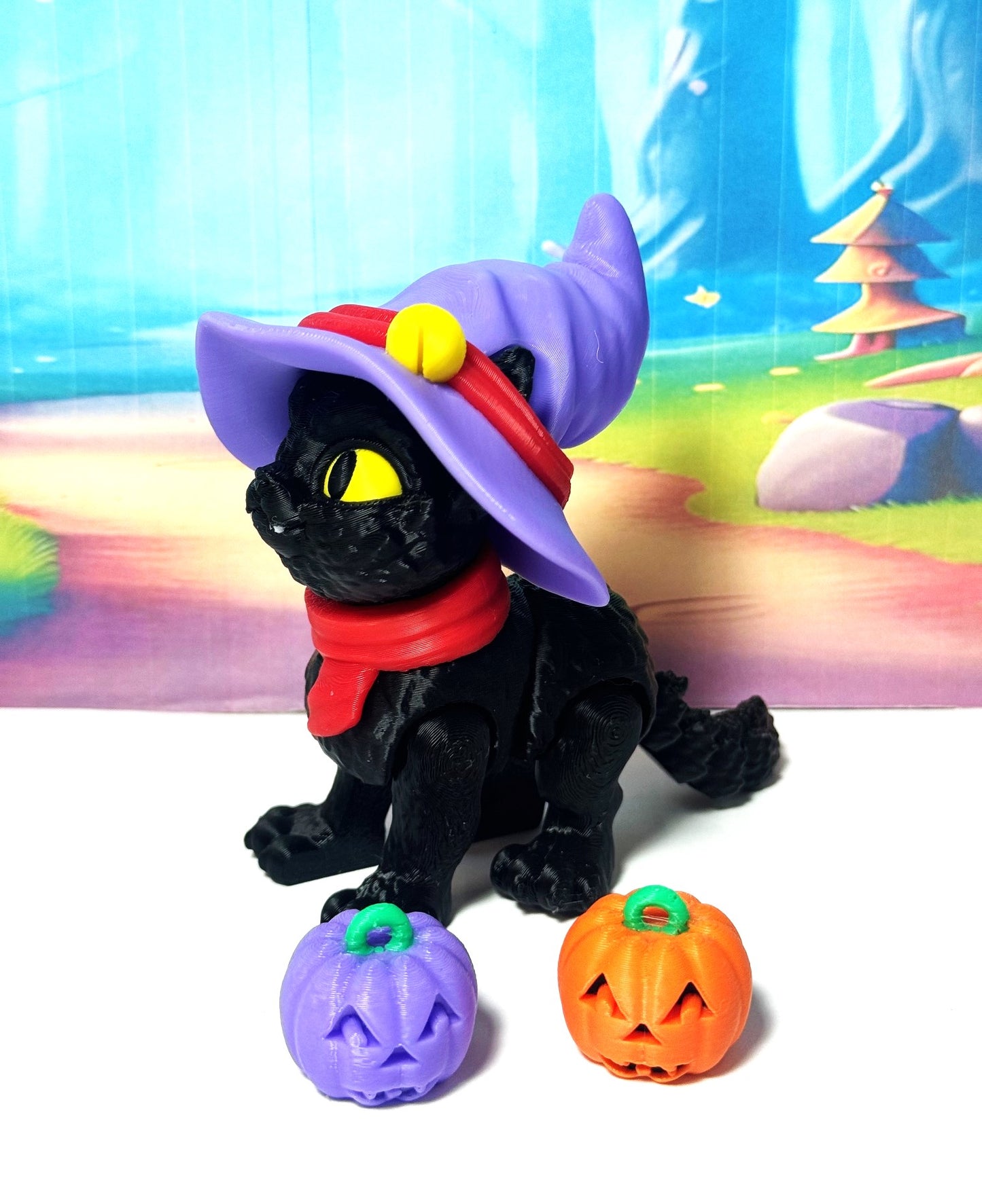 Cat in the Hat – 3D Printed Articulated Cat – 3" Spooky Halloween Cat Witch Hat Figurine - Fall Holiday Decoration