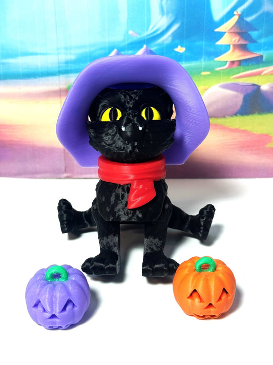 Cat in the Hat – 3D Printed Articulated Cat – 3" Spooky Halloween Cat Witch Hat Figurine - Fall Holiday Decoration
