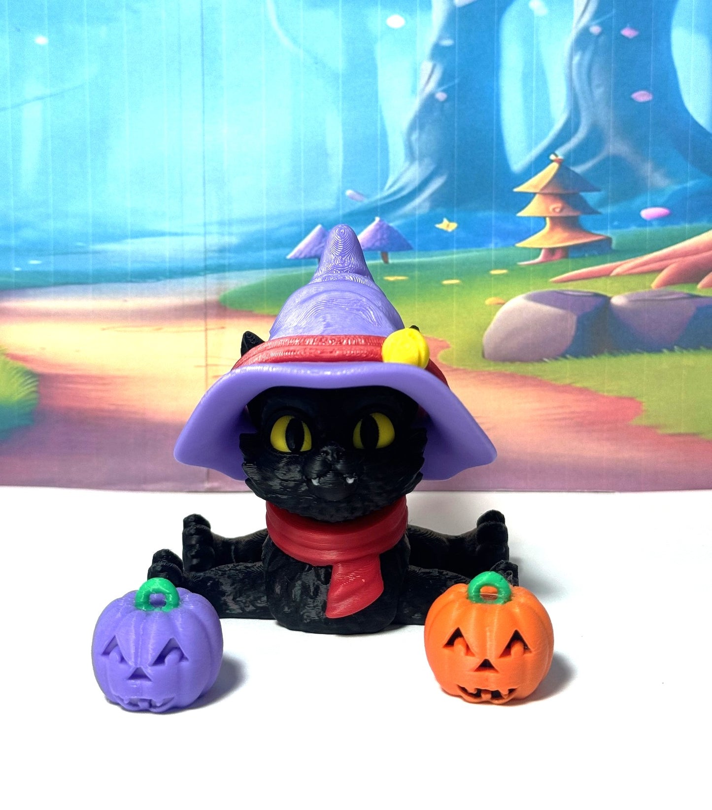Cat in the Hat – 3D Printed Articulated Cat – 3" Spooky Halloween Cat Witch Hat Figurine - Fall Holiday Decoration