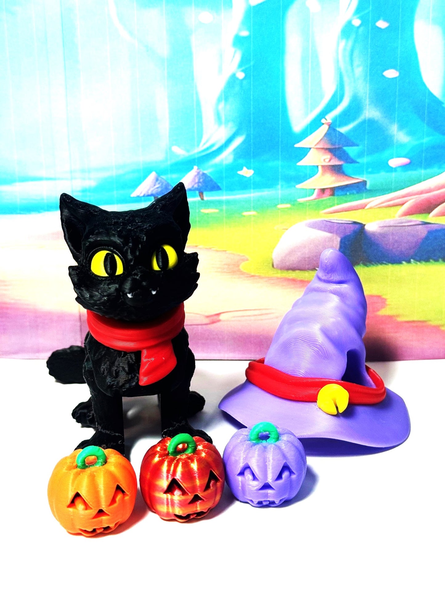 2pcs Cat in the Hat – 3D Printed Articulated Cat – Spooky Halloween Cat Witch Hat Figurine - Fall Holiday Decoration