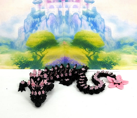 3D Printed Dragon, Articulated Black and Pink Cherry Blossom Dragon, Fidget ADHD Dragon Toy - D028-DR