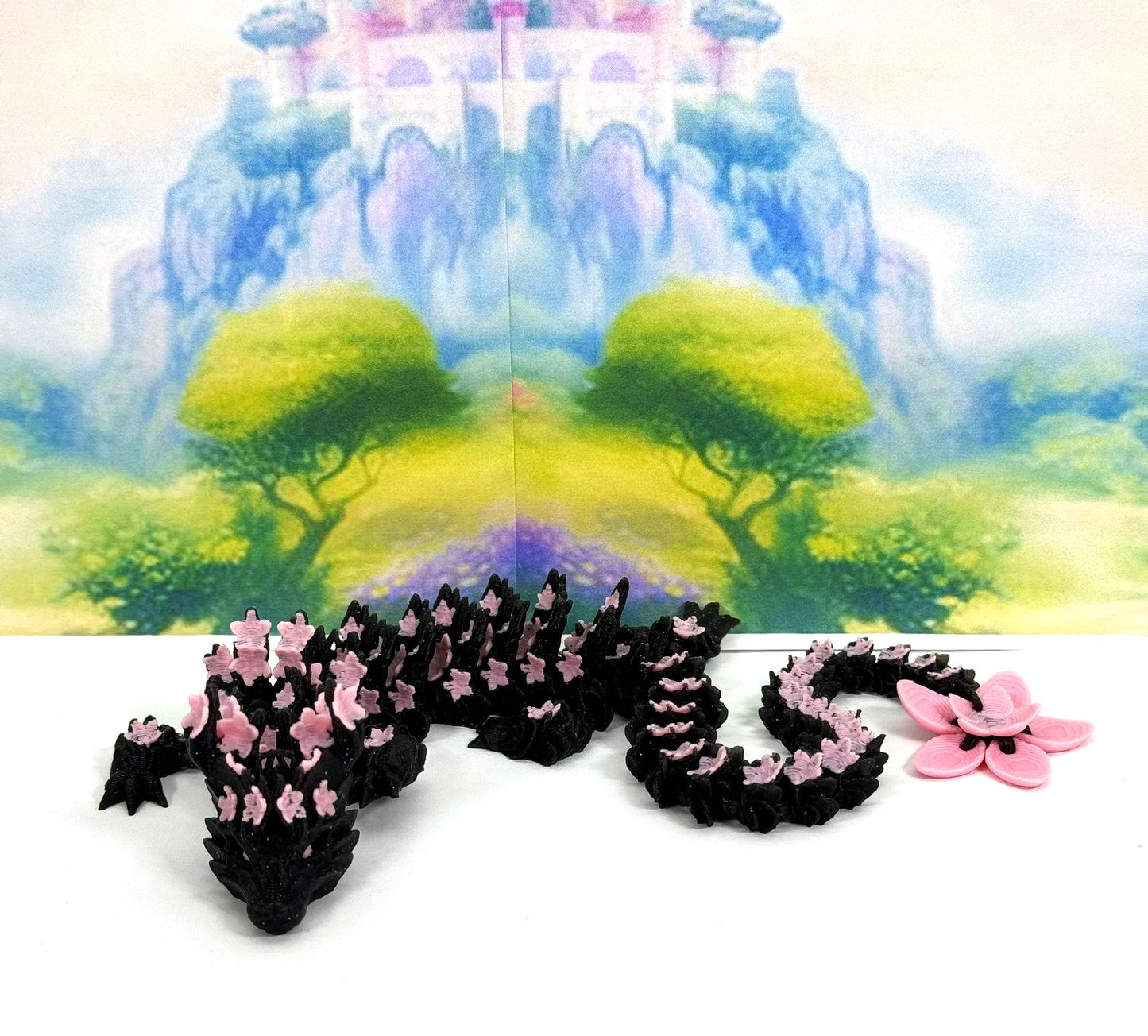 3D Printed Dragon, Articulated Black and Pink Cherry Blossom Dragon, Fidget ADHD Dragon Toy - D028-DR