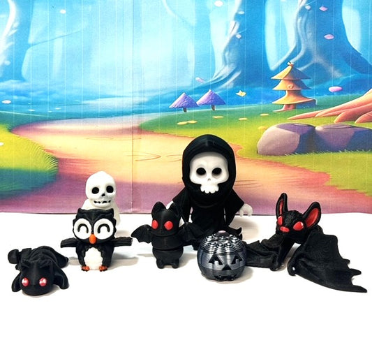 7pcs Halloween Skeleton Bats Cat Grisly Reaper Figurines, 3D Printed Articulated Spooky Fireplace, Bookshelf & Office Display, Halloween Decor Themed Party Accents - GR-Sets