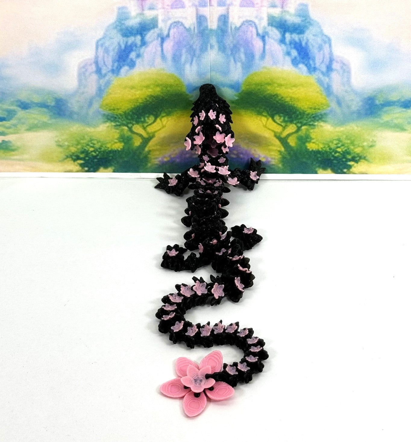 3D Printed Dragon with Dragon Egg, Articulated Black and Pink Cherry Blossom Dragon, Fidget ADHD Dragon Toy - D028-BE