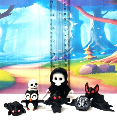 7pcs Halloween Skeleton Bats Cat Grisly Reaper Figurines, 3D Printed Articulated Spooky Fireplace, Bookshelf & Office Display, Halloween Decor Themed Party Accents - GR-Sets