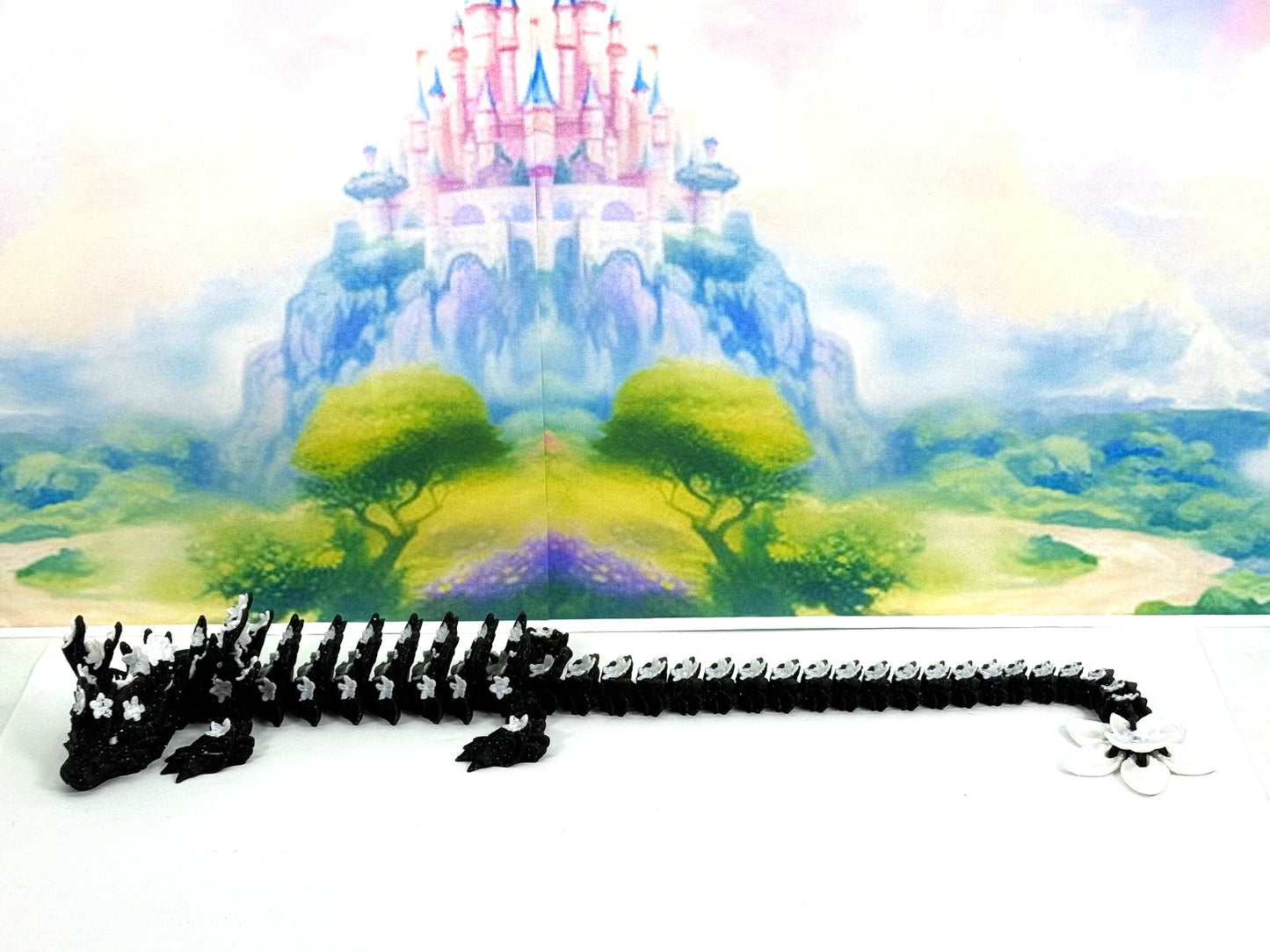 3D Printed Dragon, Articulated Black and White Cherry Blossom Dragon, Fidget ADHD Dragon Toy - D019-DR