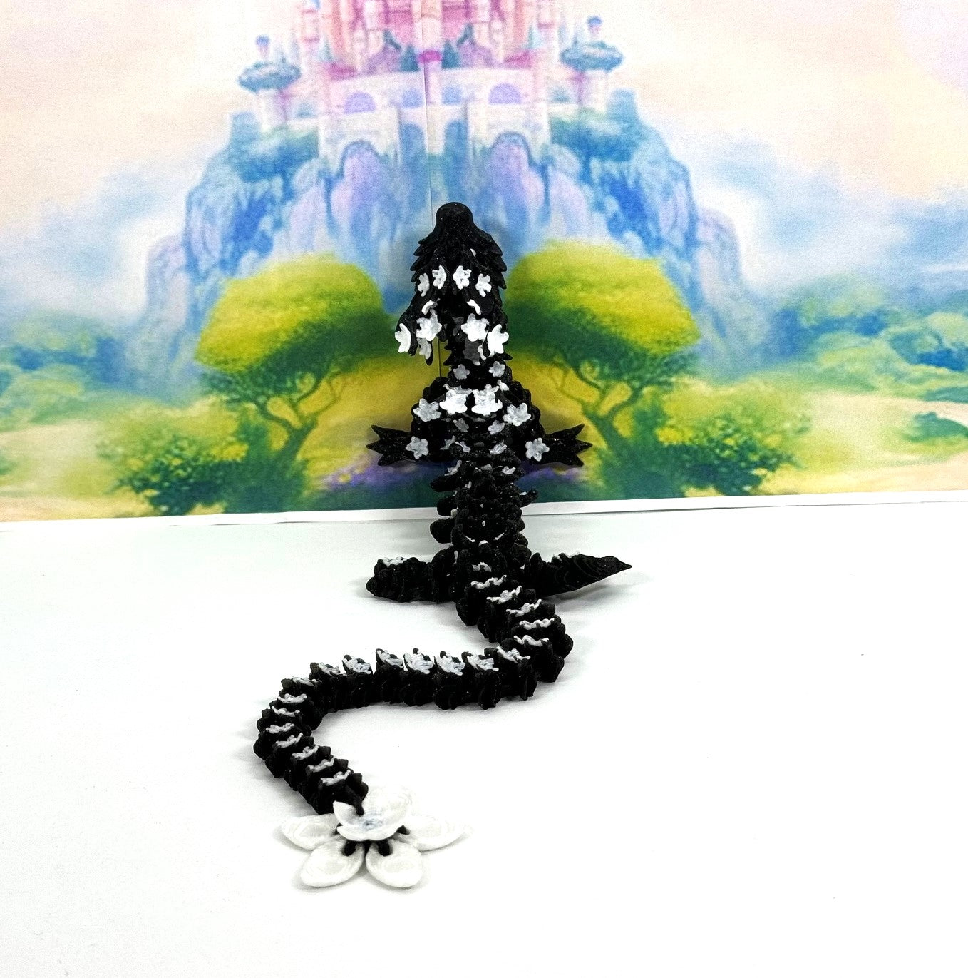 3D Printed Dragon, Articulated Black and White Cherry Blossom Dragon, Fidget ADHD Dragon Toy - D019-DR