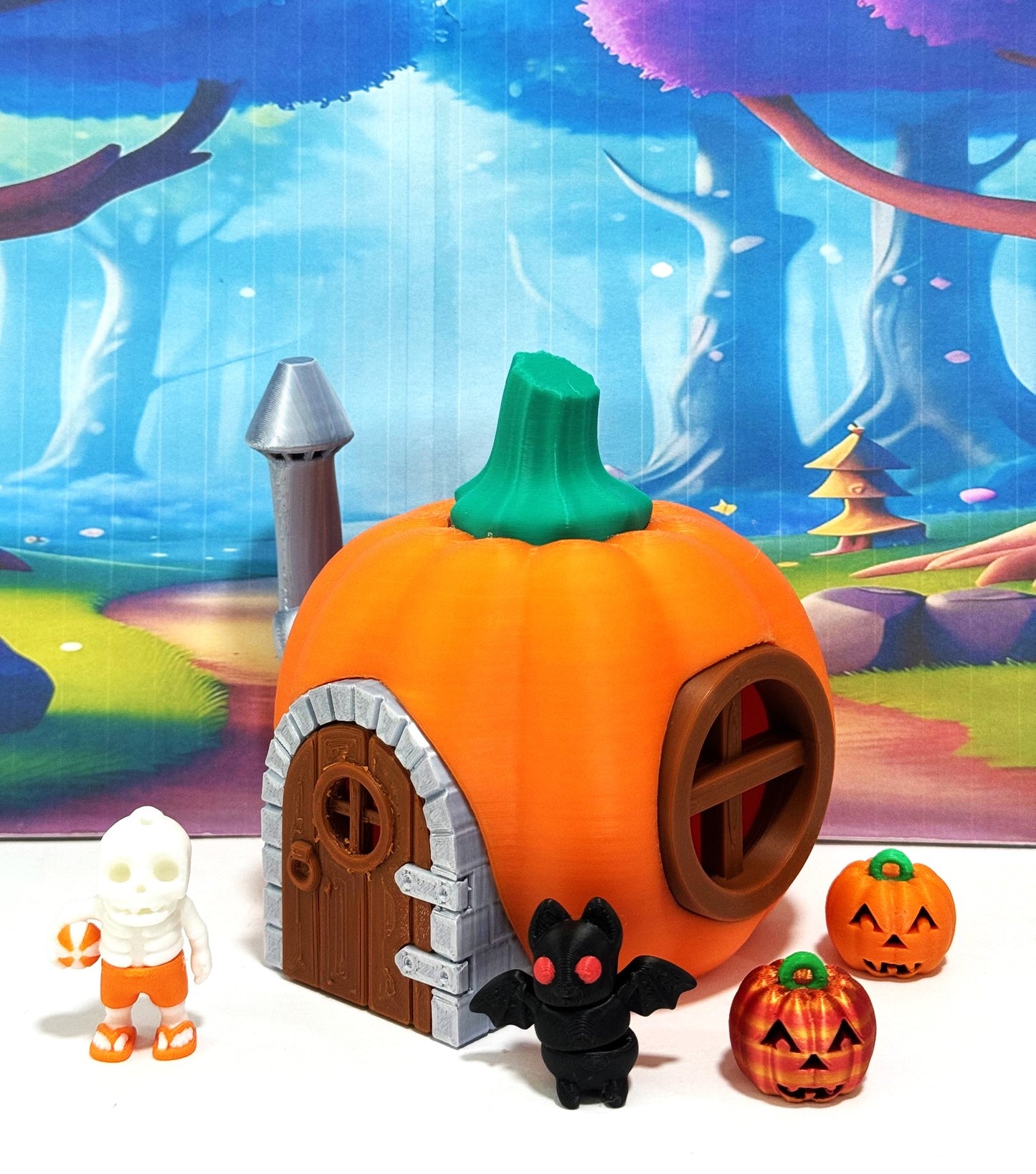 Enchanted Pumpkin Fairy House Figure, 5 Inches 3D Printed Halloween Pumpkin House with mini bat, Jack o Lantern and Skeleton Man