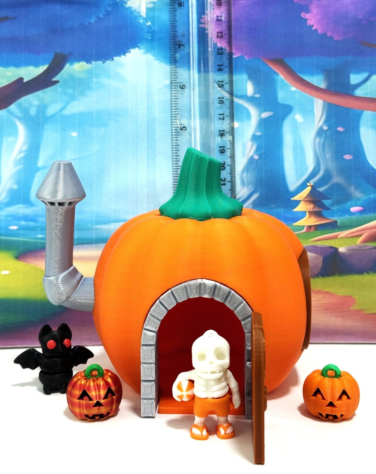 Enchanted Pumpkin Fairy House Figure, 5 Inches 3D Printed Halloween Pumpkin House with mini bat, Jack o Lantern and Skeleton Man