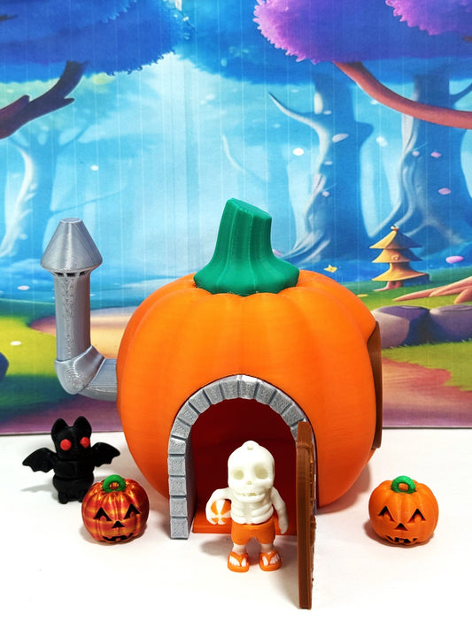 Enchanted Pumpkin Fairy House Figure, 5 Inches 3D Printed Halloween Pumpkin House with mini bat, Jack o Lantern and Skeleton Man