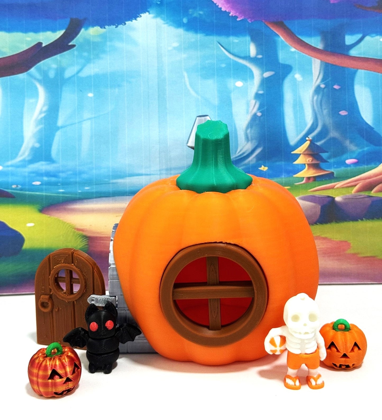 Enchanted Pumpkin Fairy House Figure, 5 Inches 3D Printed Halloween Pumpkin House with mini bat, Jack o Lantern and Skeleton Man
