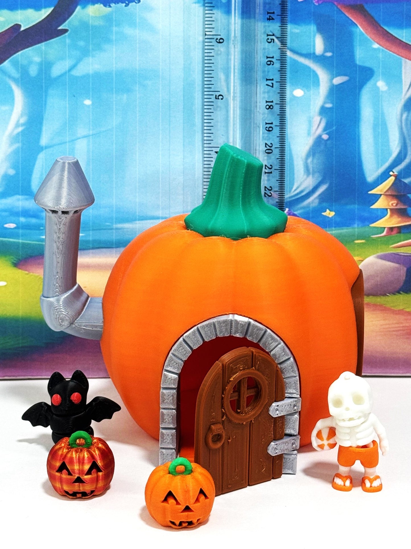 Enchanted Pumpkin Fairy House Figure, 5 Inches 3D Printed Halloween Pumpkin House with mini bat, Jack o Lantern and Skeleton Man