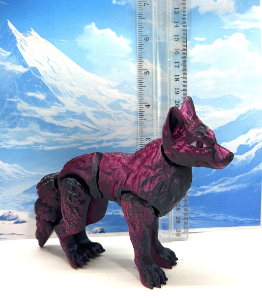 Articulated Wolf Toy, 3D Printed Wolf, 4.75" Black and Rose Red Executive Desk Decor, Fidget Toy