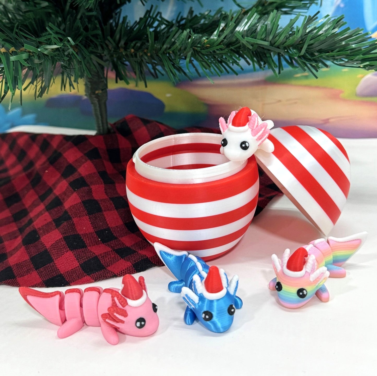 4pcs Mini Axolotl 3d Printed Christmas Axolotl Charms, 3D Printed Christmas Egg Container, Tiny Animal Figures Christmas Hat Axolotl Toy Mini Axolotl Landscape Aquarium Dollhouse Ornament - MCA001-CEGG