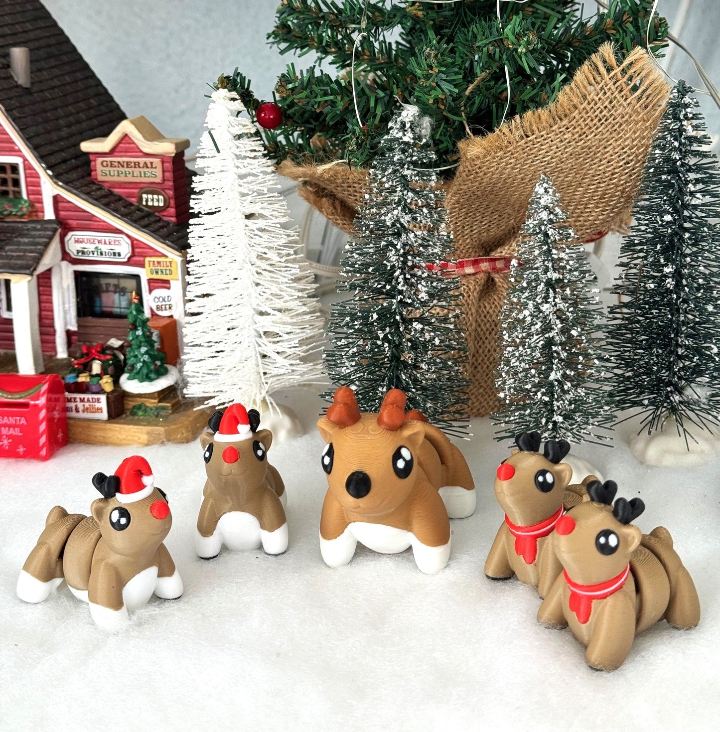 5pcs Mini Reindeers, 3d Printed Christmas Mini Reindeers, Articulated Tiny Animal Figures, Christmas Hat Mini Reindeers - MCA001-5X