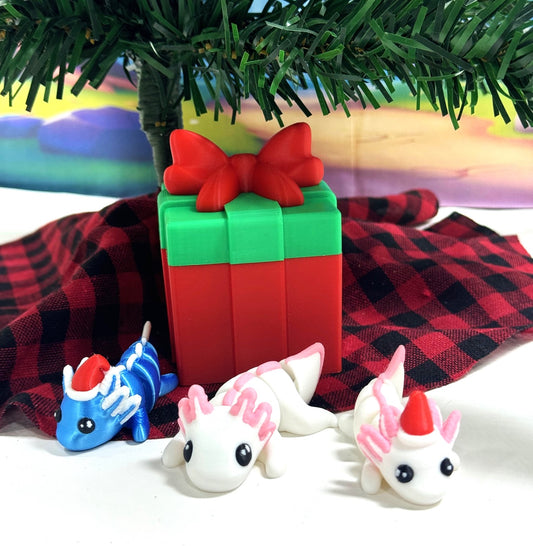 3pcs Mini Axolotl 3d Printed Christmas Axolotl Charms, 3D Printed Christmas Gift Box Container, Tiny Animal Figures Christmas Hat Axolotl Toy - MCA001-GB (Copy)