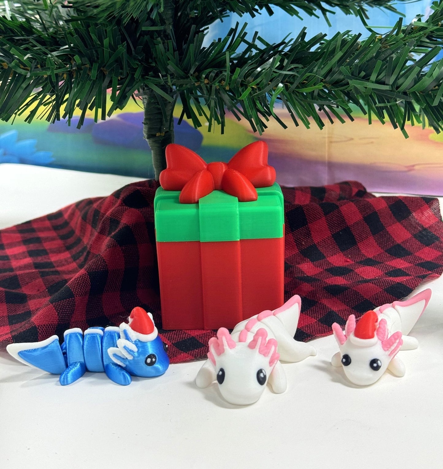 3pcs Mini Axolotl 3d Printed Christmas Axolotl Charms, 3D Printed Christmas Gift Box Container, Tiny Animal Figures Christmas Hat Axolotl Toy - MCA001-GB (Copy)