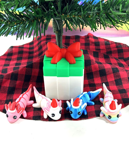 4pcs Mini Axolotl 3d Printed Christmas Axolotl Charms, 3D Printed Christmas Gift Box Container, Tiny Animal Figures Christmas Hat Axolotl Toy - MCA001-GB