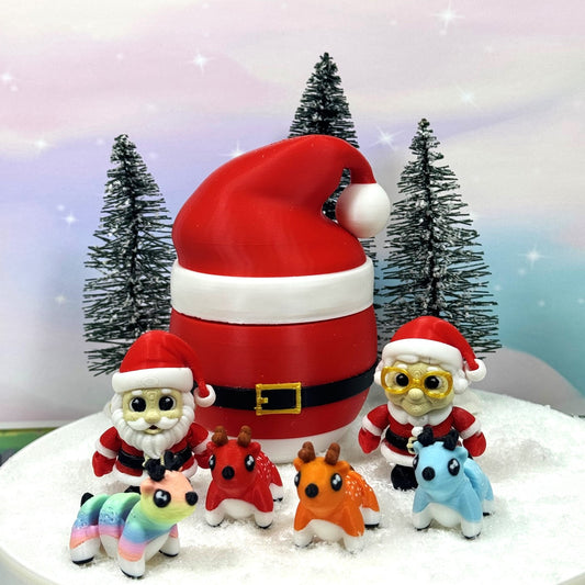 6pcs 3d Printed Santa Clause and Mrs Clause Figures, Articulated Mini Reindeers, 3D Printed Santa Egg Container, Christmas Tiny Animal Figures, Fidget ADH Toys - MSRE-SET1