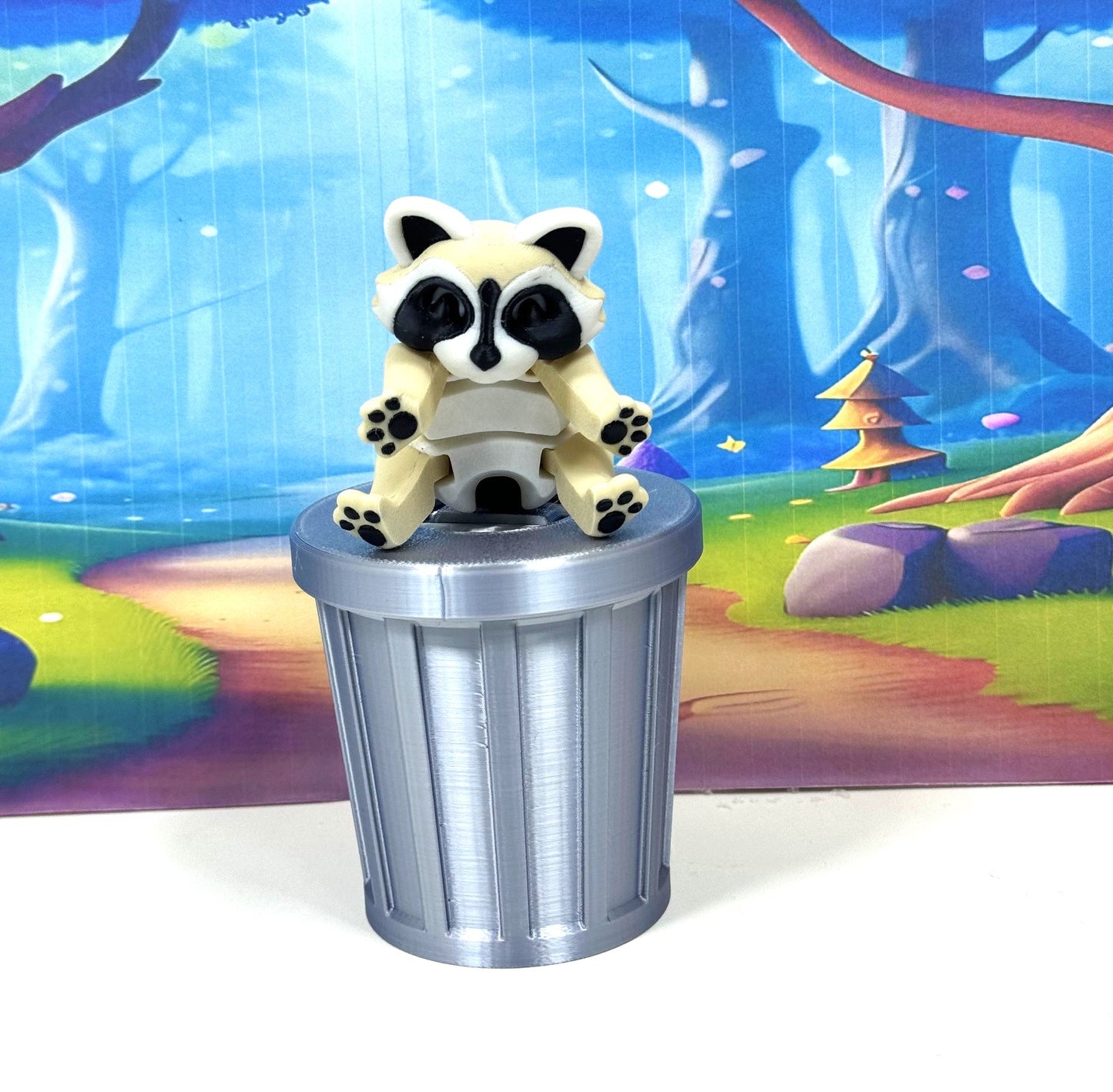3pcs Articulated Racoon with Trashcan, 3D Printed Cookies and Cream Trash Panda Racoons Tiny Animal Figures, Fidget ADHD Autism Toy AR005-SET