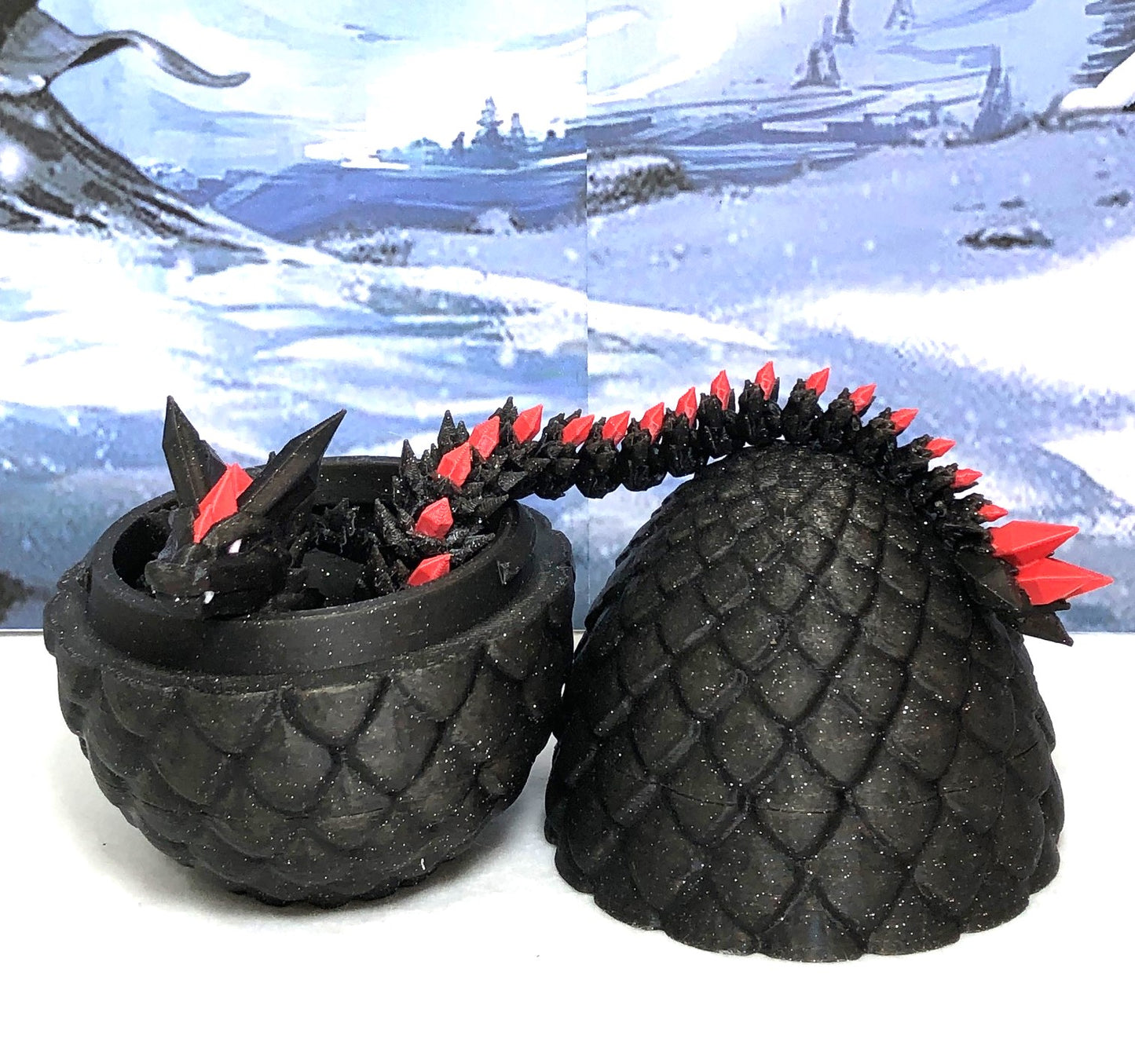 3D Printed Dragon with Egg, Articulated Black and Red Crystal Dragon, Fidget ADHD Dragon Toy - D022