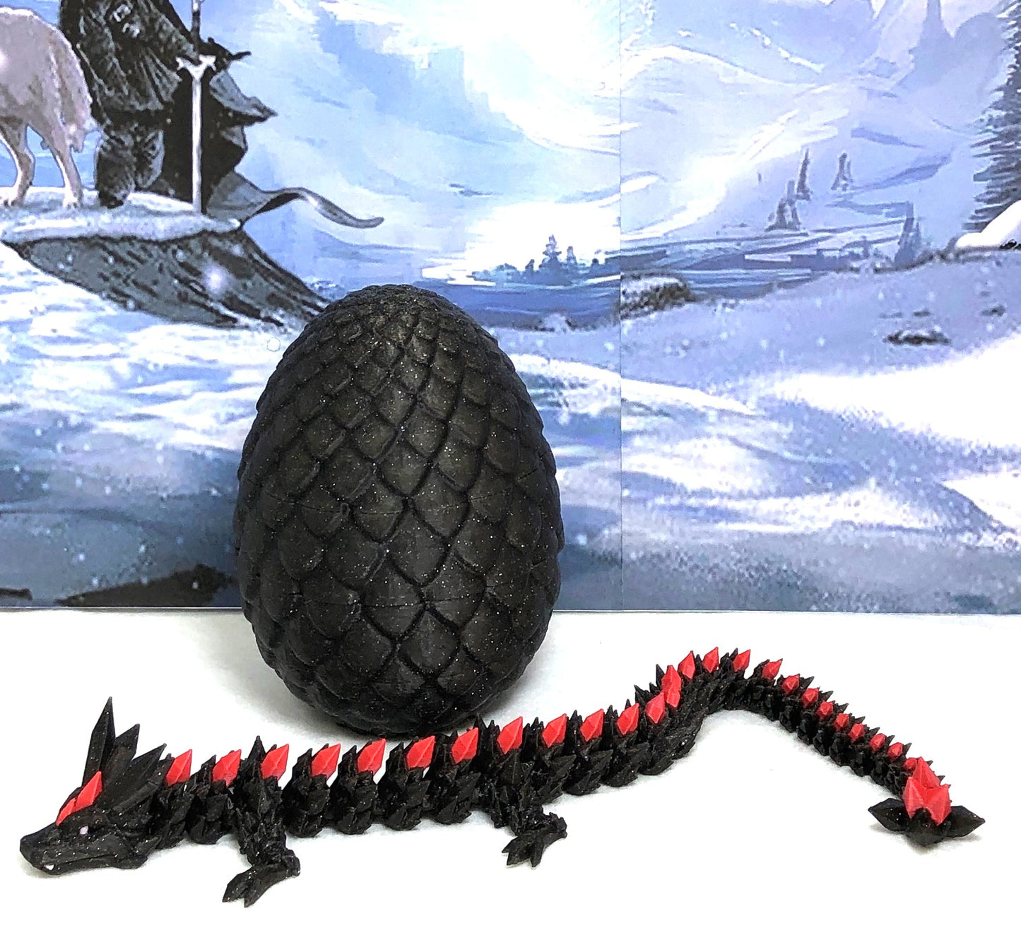 3D Printed Dragon with Egg, Articulated Black and Red Crystal Dragon, Fidget ADHD Dragon Toy - D022