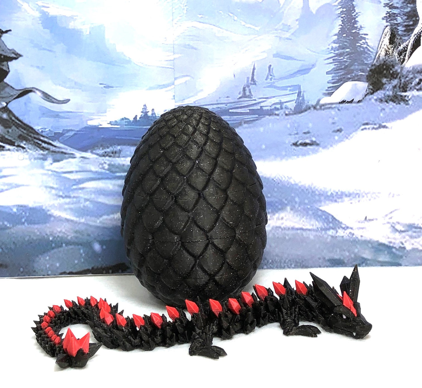 3D Printed Dragon with Egg, Articulated Black and Red Crystal Dragon, Fidget ADHD Dragon Toy - D022