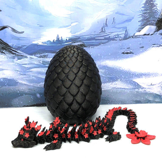 3D Printed Dragon with Egg, Articulated Black and Red Cherry Blossom Dragon, Fidget ADHD Dragon Toy - D020