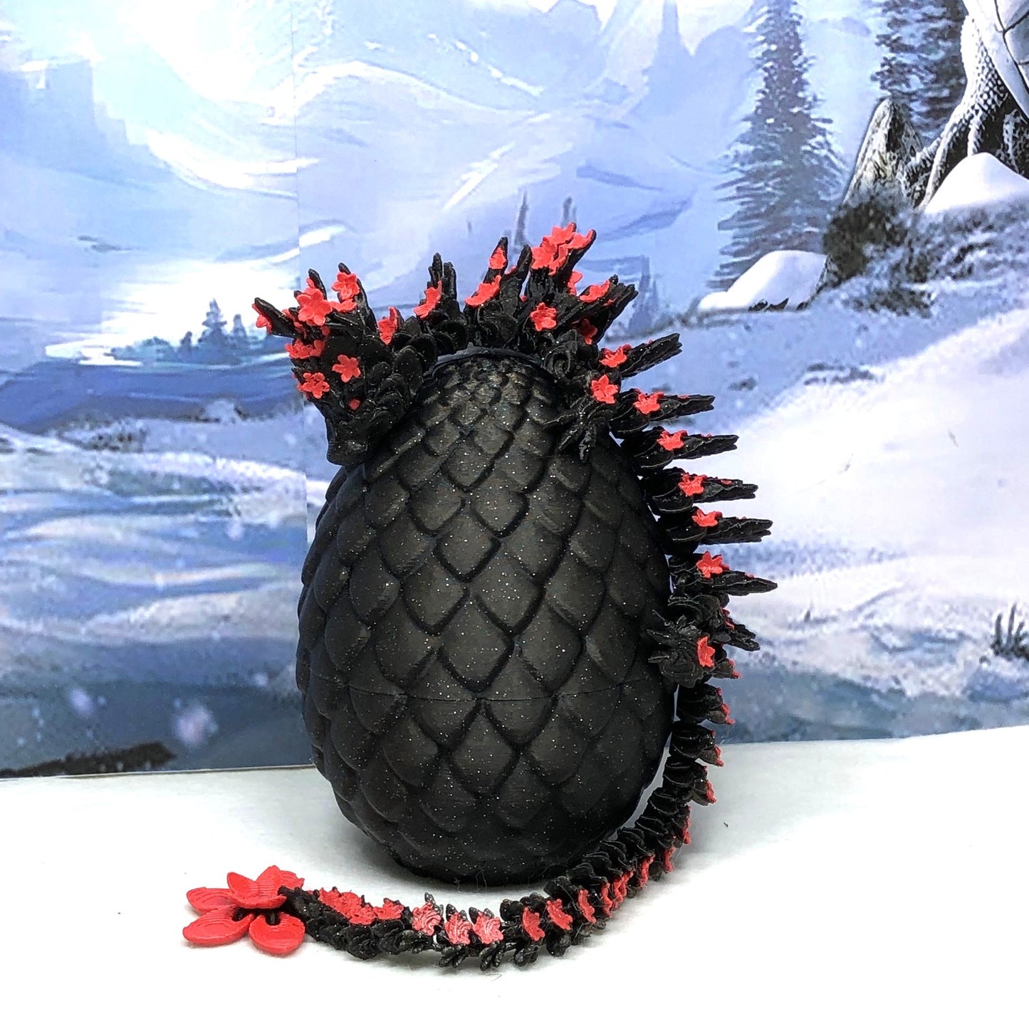 3D Printed Dragon with Egg, Articulated Black and Red Cherry Blossom Dragon, Fidget ADHD Dragon Toy - D020