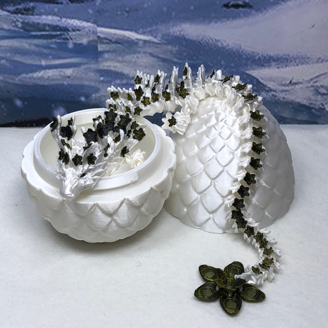 3D Printed Dragon with Egg, Articulated White and Green Cherry Blossom  Dragon, Fidget ADHD Dragon Toy - D017-BPG