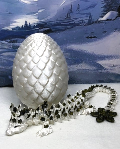 3D Printed Dragon with Egg, Articulated White and Green Cherry Blossom  Dragon, Fidget ADHD Dragon Toy - D017-BPG