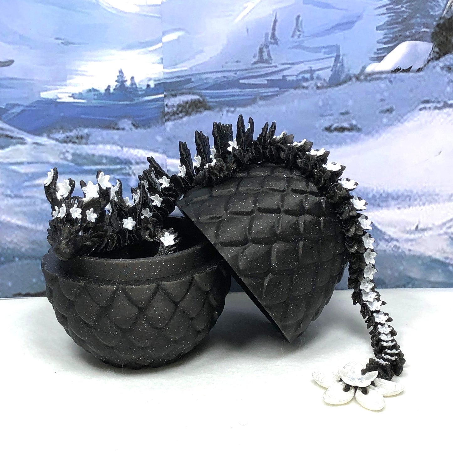 3D Printed Dragon with Egg, Articulated Black and White Cherry Blossom Dragon, Fidget ADHD Dragon Toy - D019