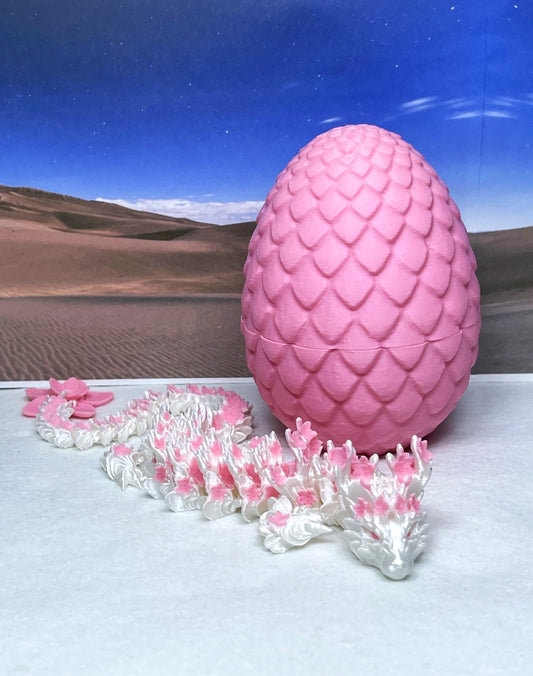 3D Printed Dragon with Egg, Articulated White and Pink Cherry Blossom Dragon, Fidget ADHD Dragon Toy - D016