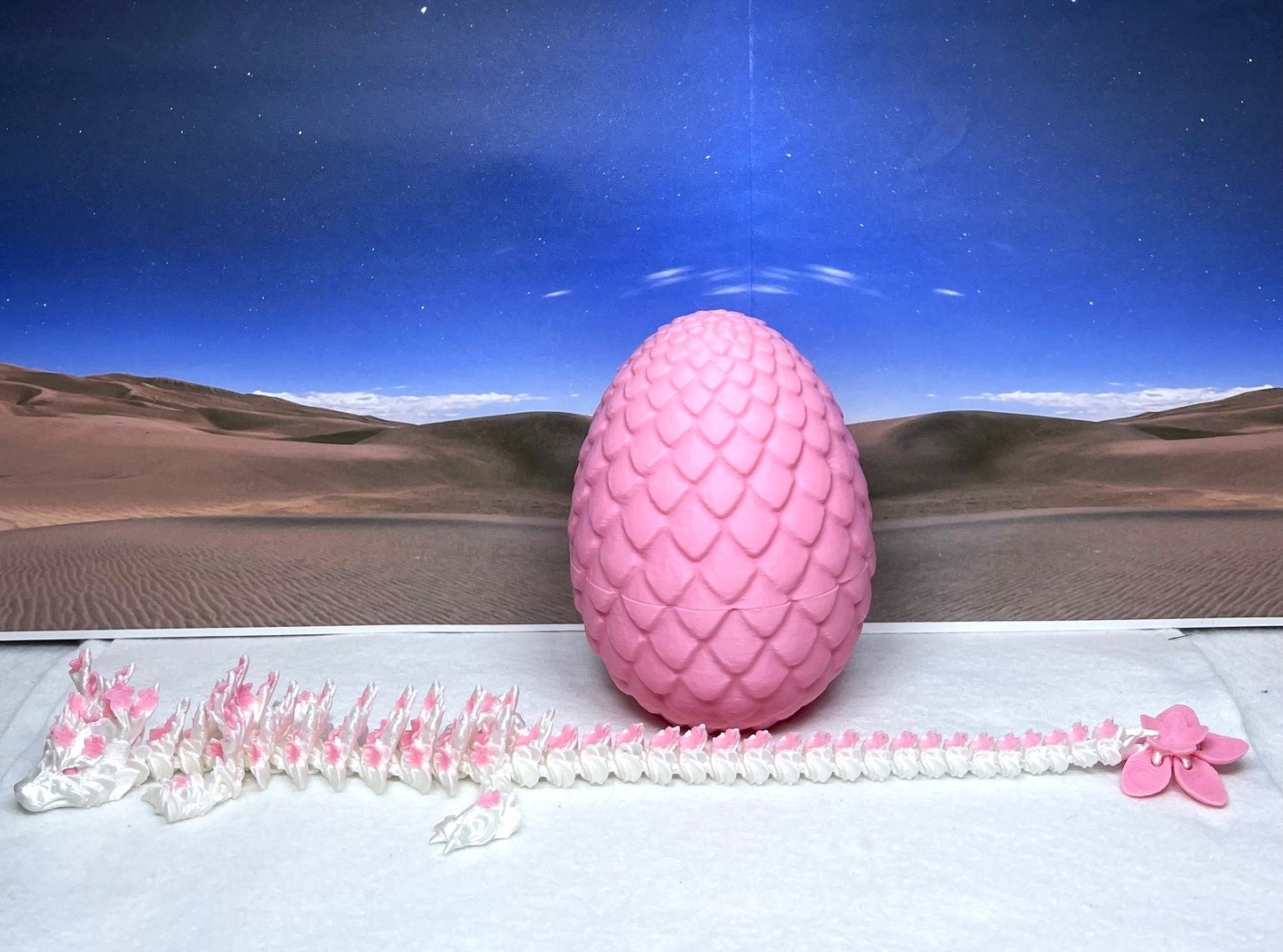 3D Printed Dragon with Egg, Articulated White and Pink Cherry Blossom Dragon, Fidget ADHD Dragon Toy - D016