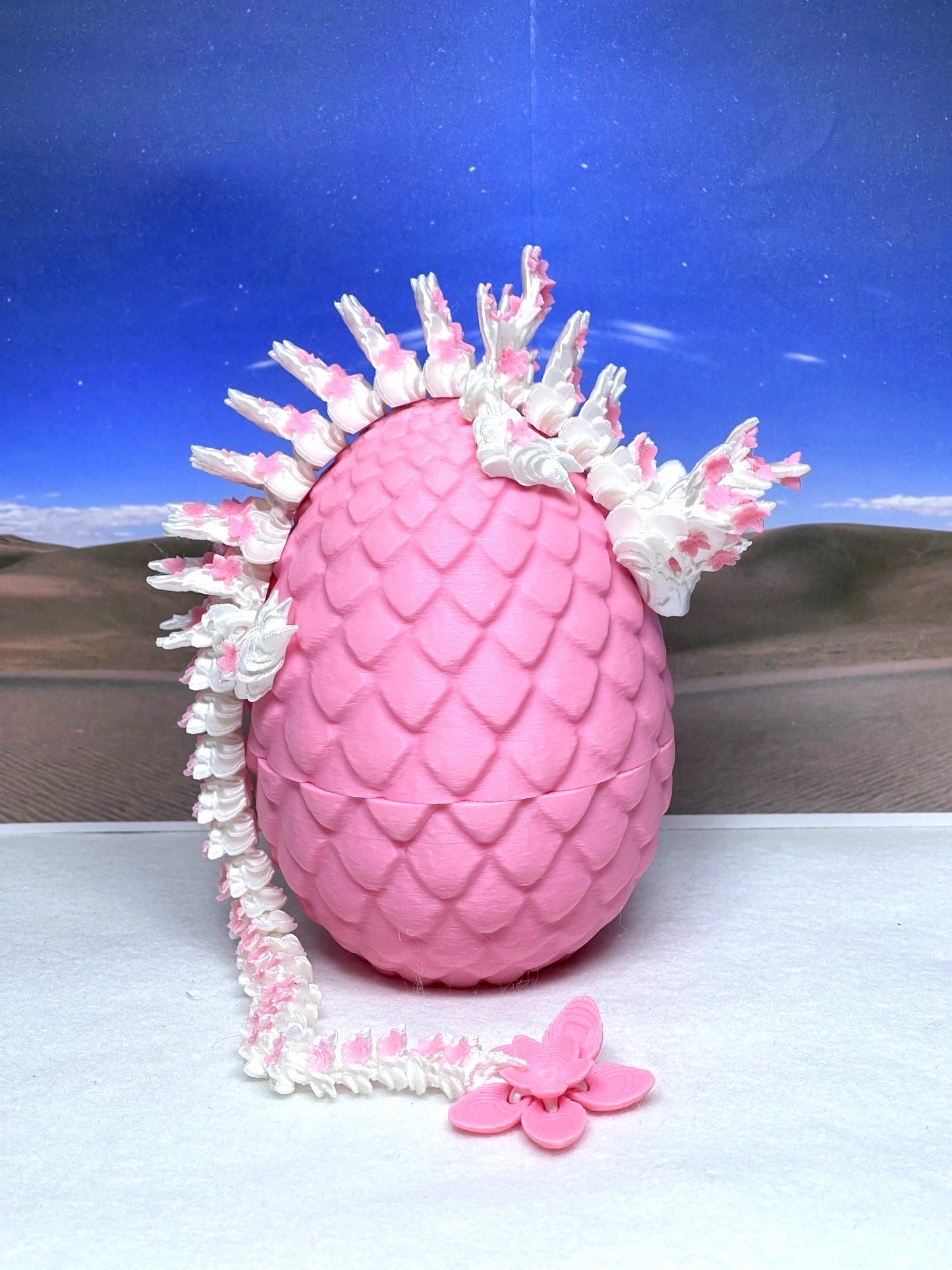 3D Printed Dragon with Egg, Articulated White and Pink Cherry Blossom Dragon, Fidget ADHD Dragon Toy - D016