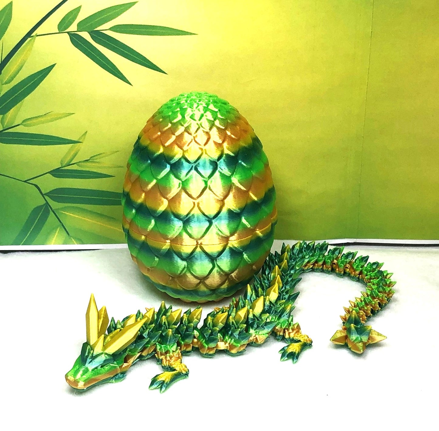 3D Printed Dragon with Egg, Articulated Yellow and Green Crystal Dragon, Fidget ADHD Dragon Toy - D026