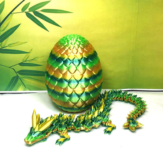 3D Printed Dragon with Egg, Articulated Yellow and Green Crystal Dragon, Fidget ADHD Dragon Toy - D026